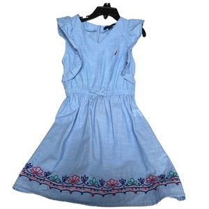 Nautica Girls Embroidered Sleeveless Dress Size 7 Blue Chambray with Pink Purple